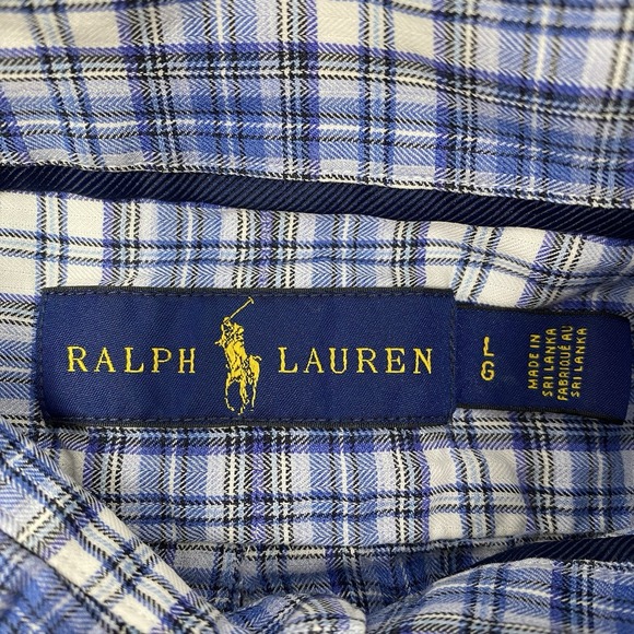 Ralph Lauren Men's Large Cotton Blue White Plaid Long Sleeve Button Down Shirt - Picture 4 of 5